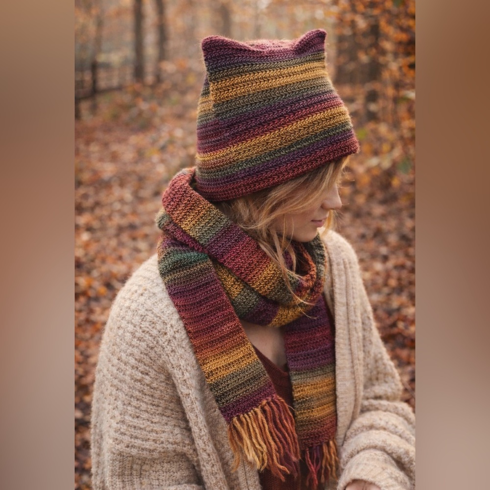 Handmade Crochet Scarf & Kitty Ear Beanie Set – New